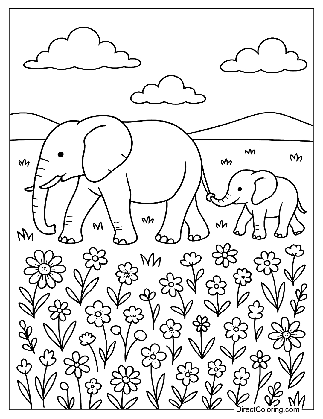 Mother and Child Elephant Coloring Page holding each other's tails as they walk through a meadow full of wildflowers